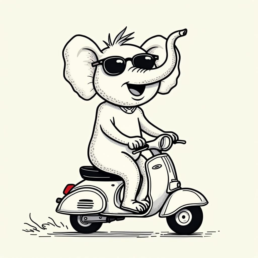 Stylized Elephant on Scooter in Minimalist Line Art
