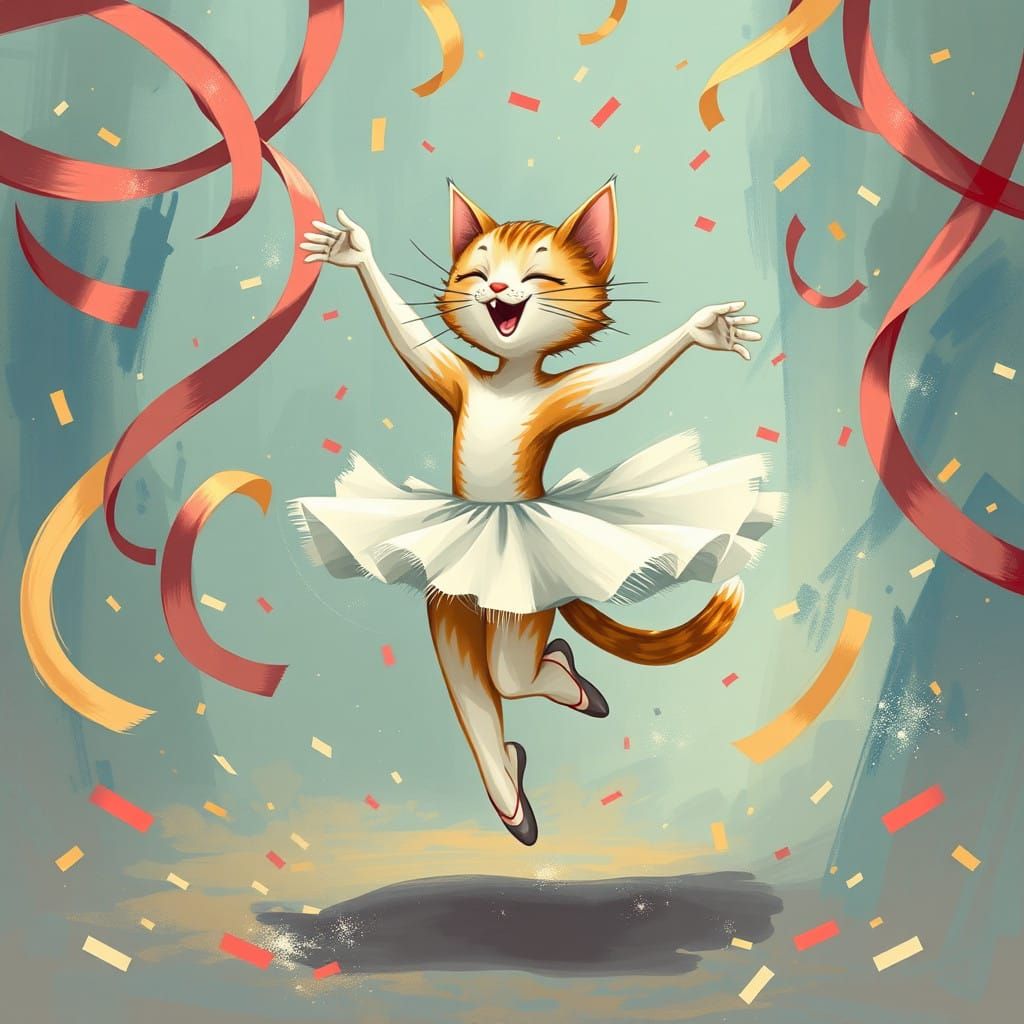 Whimsical Feline Ballerina Dances in Vibrant, Dreamlike Sett...