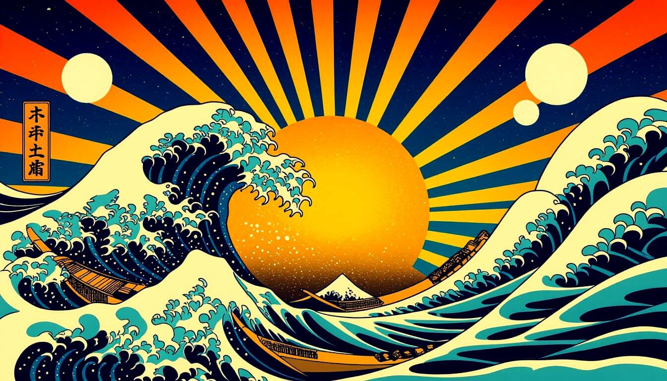 Serene Japanese Ukiyo-e Art with Mandelbrot Patterns