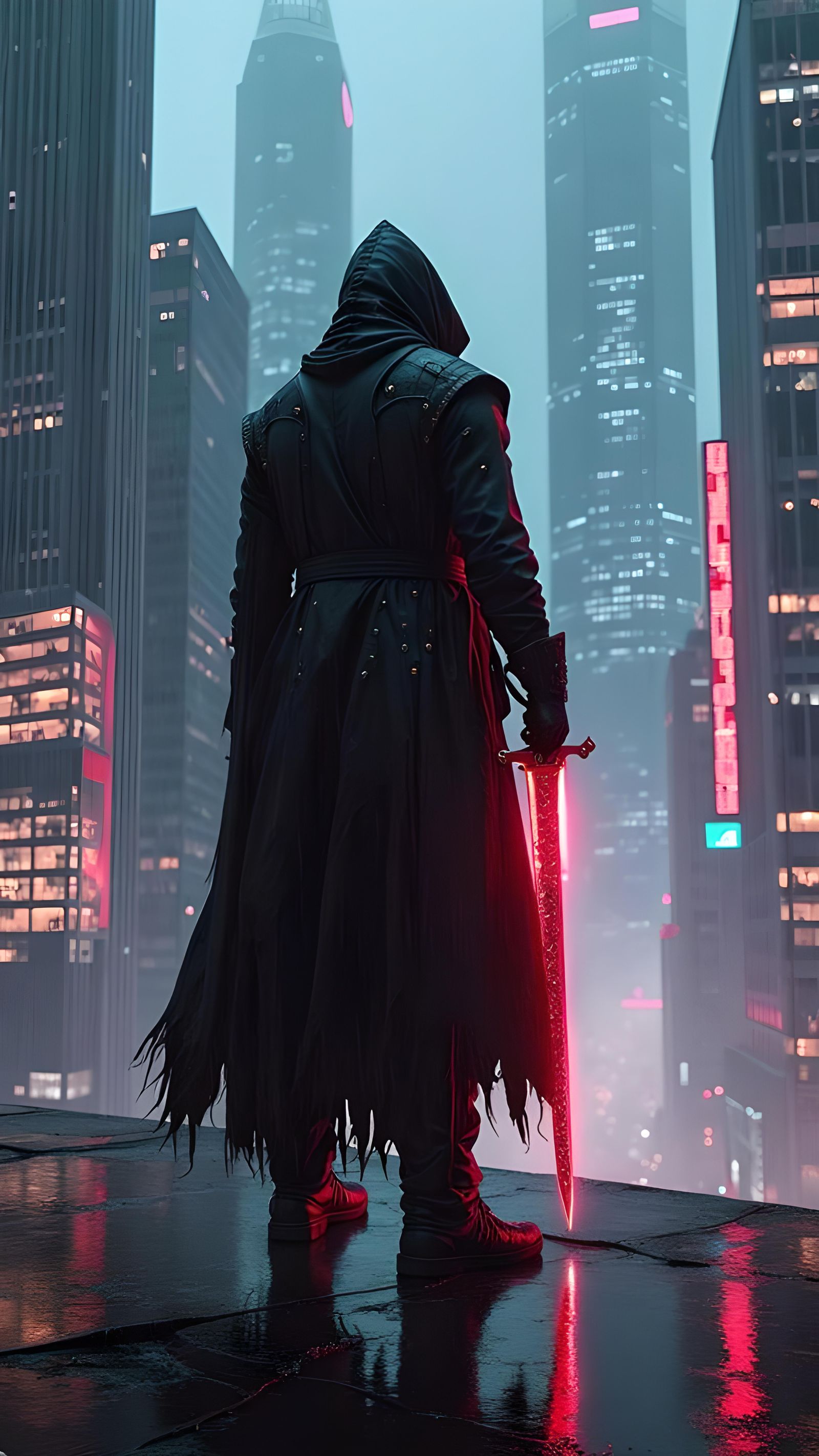 Cyberpunk Villain with Excalibur Overlooking Neon City