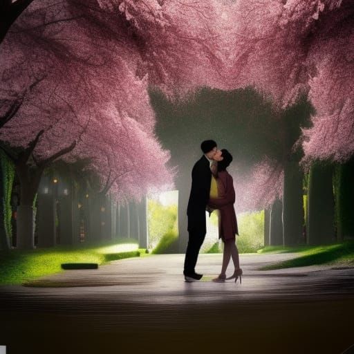 Couple's Romantic Embrace Under Cherry Blossoms