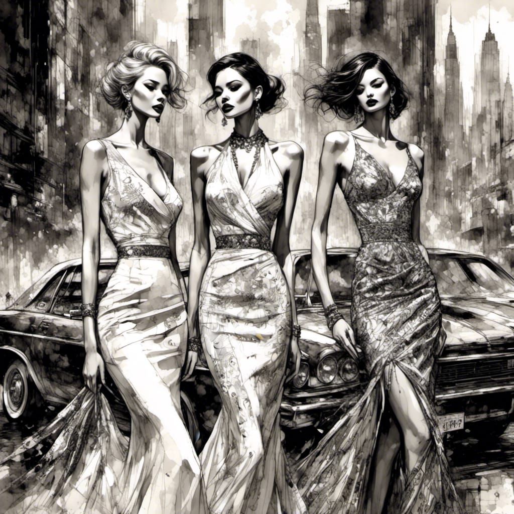 Elegant Haute Couture Fashion Illustration with Art Deco Ele...