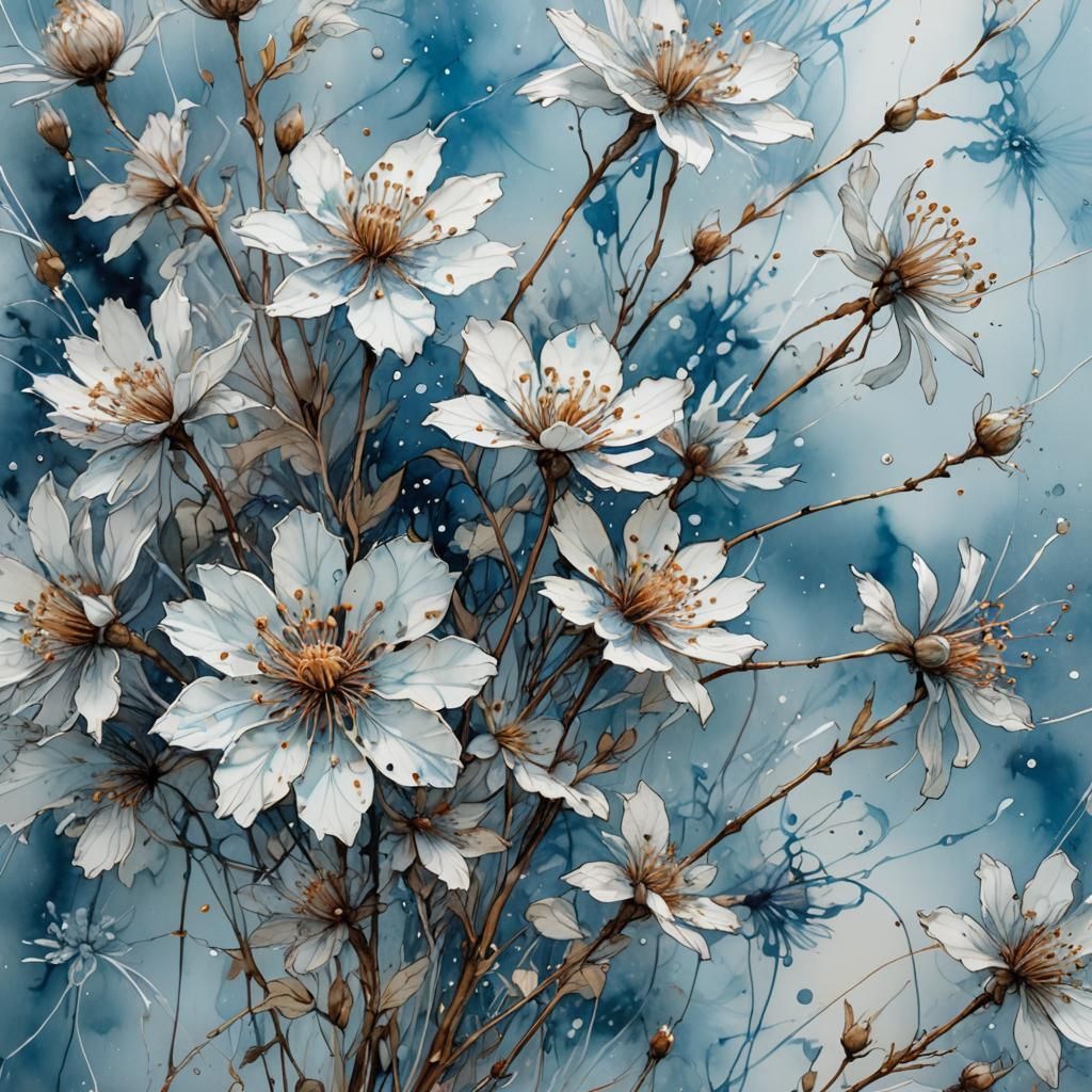 Ethereal Blue Flower: Watercolor and Silver Accents