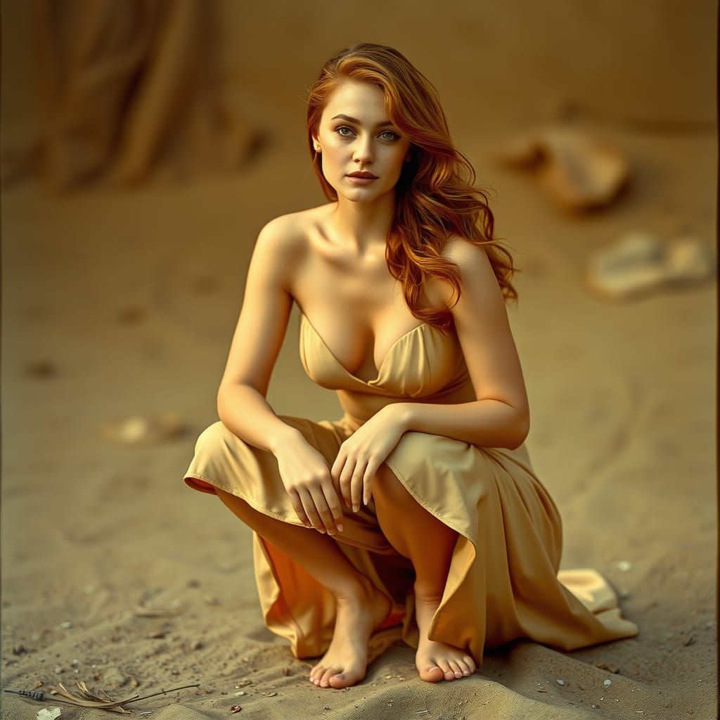 Auburn-Haired Woman in Flowing Dress: Cinematic Film Still