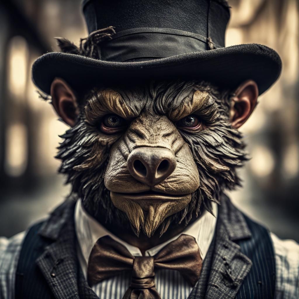 Hyperrealistic Bugbear in Tattered Suit and Bowler