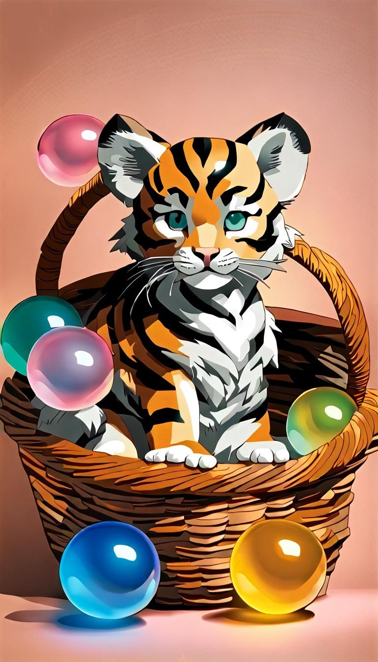 Cute Kitten Dreams of Sabertooth Tiger in Maximalist Style