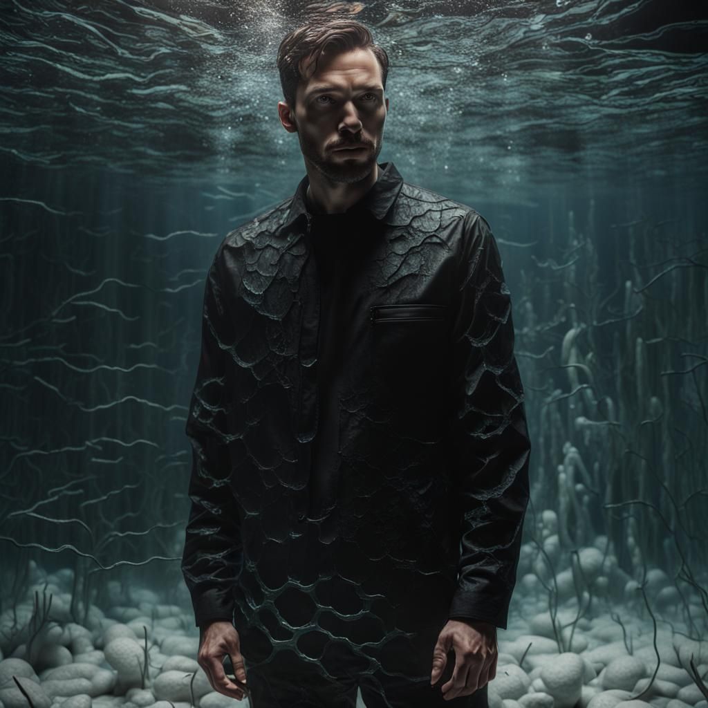 Underwater Man in Cracked Glass: Hyperrealistic Lighting