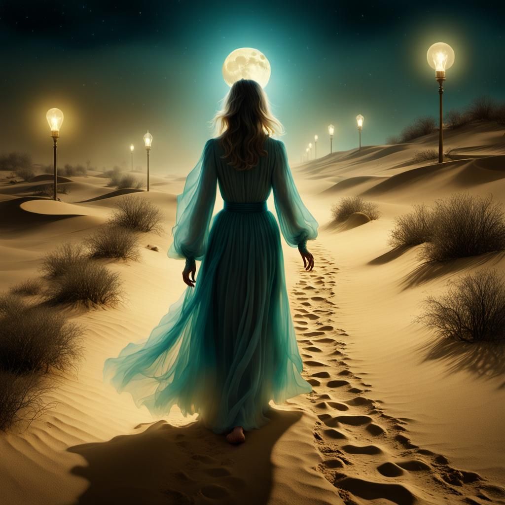 Luminous Wraith on a Moonlit Path: Surrealist Film Still