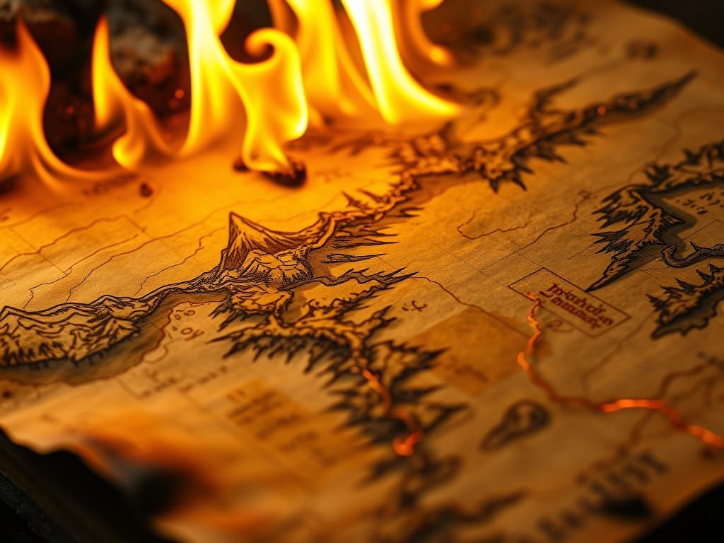 Tolkien Map Consumed by Flames in Photorealistic Detail