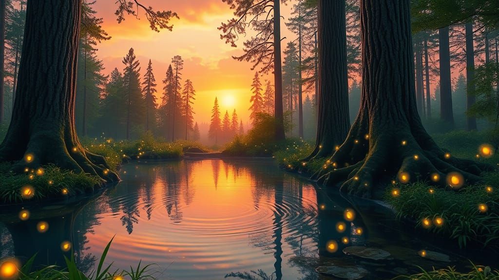 Ethereal Forest Oasis at Sunset