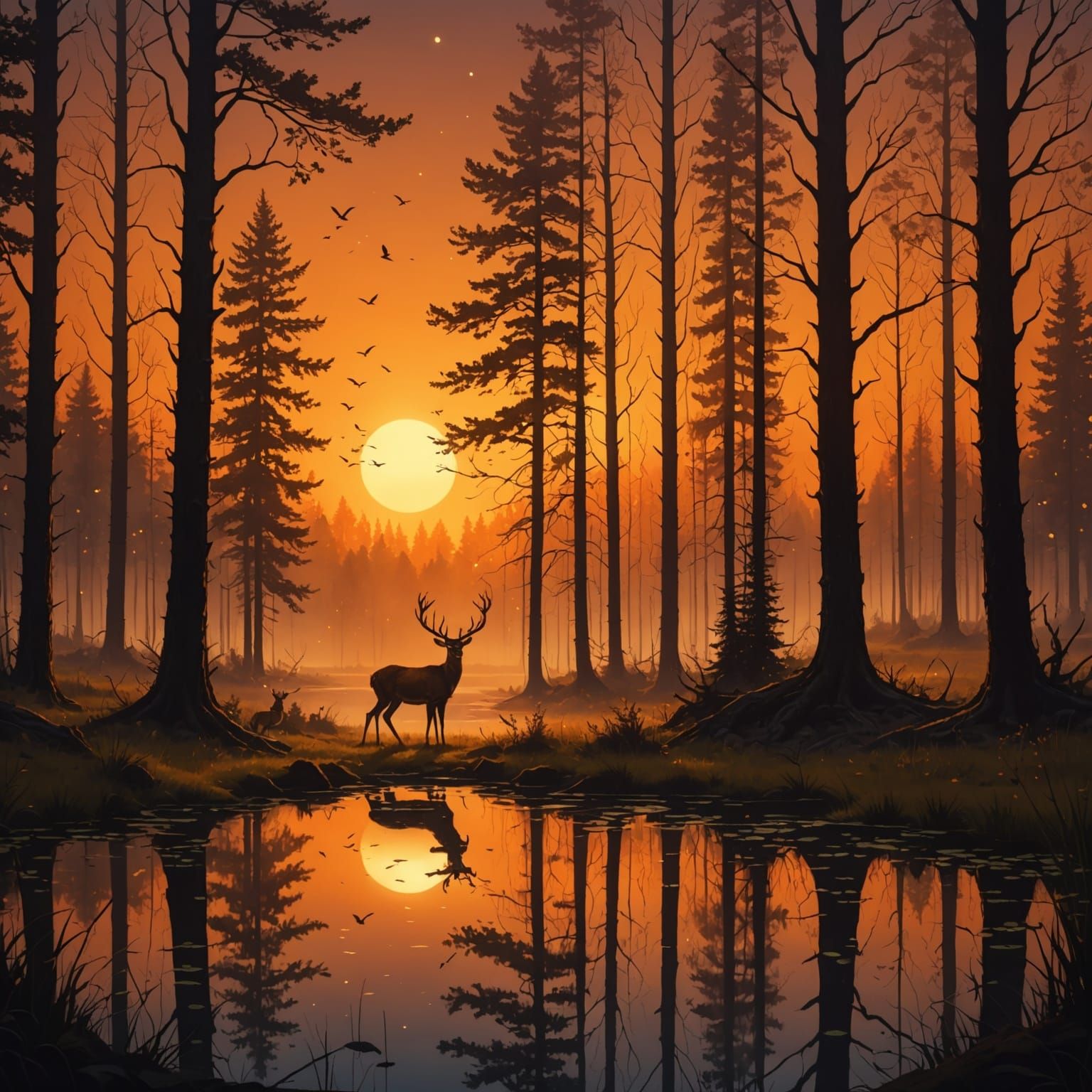 Surreal Sunset Scene in an Enchanted Forest with Glowing Fir...
