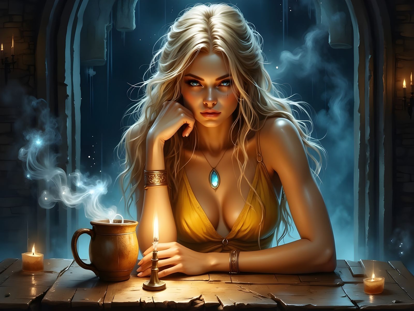 Surreal Goddess in a Smoky Norse Tavern