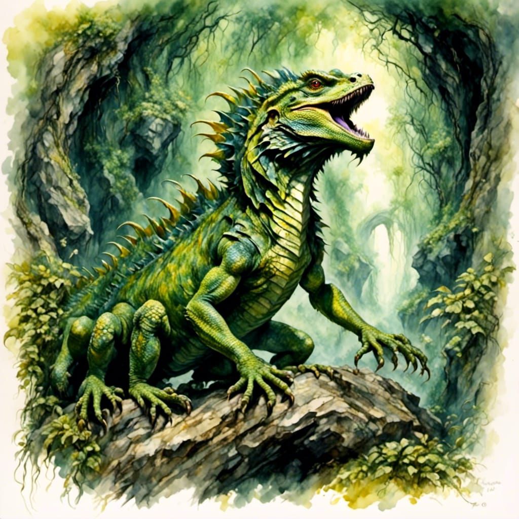 Verdant Cavern Basilisk Fantasy Illustration