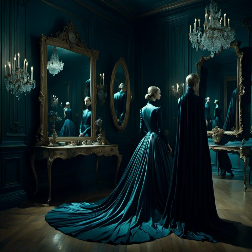 Surreal Reflection: Sleepwalking Woman in Castle Room