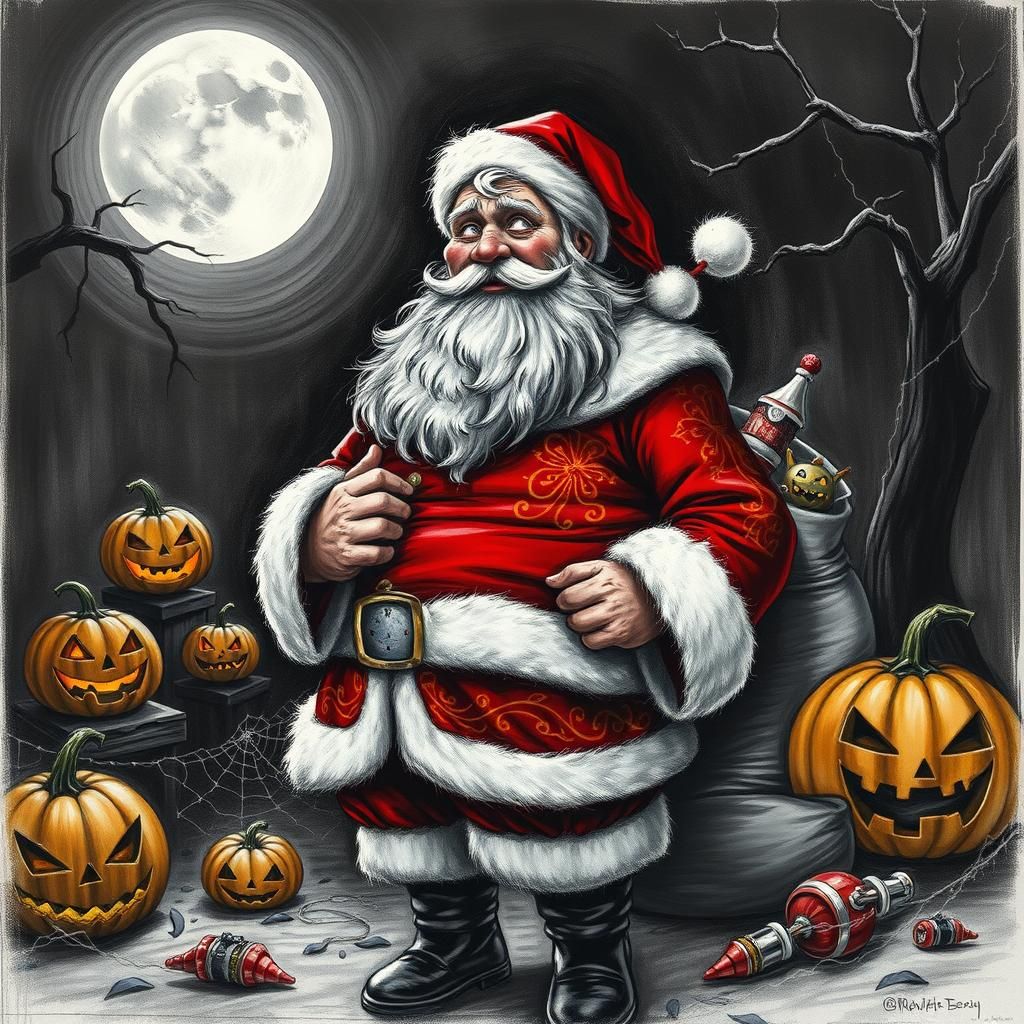 Santa in Halloween Scene, Charcoal Drawing