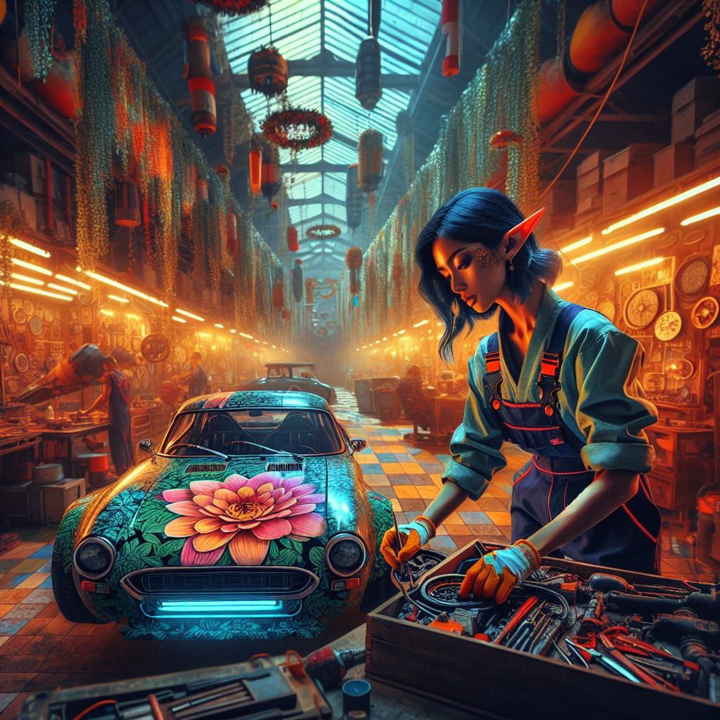 South-Asian Elf Mechanic Assembling Flower-Print Vehicle