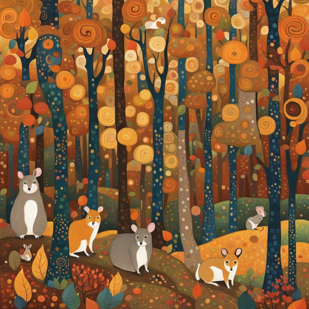 Klimt-Inspired Autumn Forest with Small Mammals