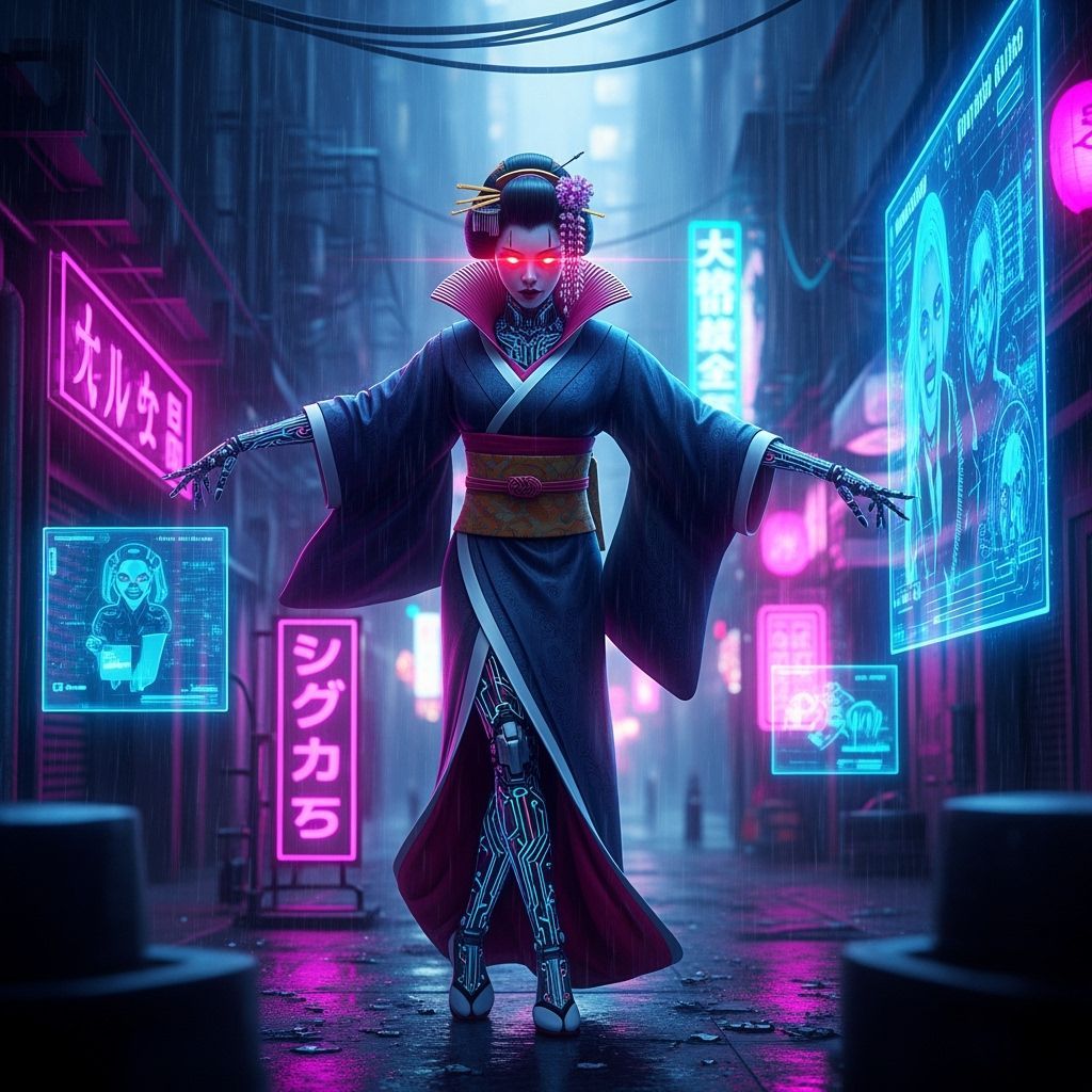 Cyborg Geisha Dancing in Neon Alleyway: Hyper-Realistic Cybe...