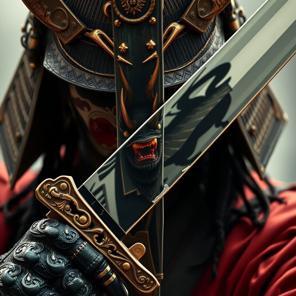 Fierce Japanese Warrior with Katana Reflecting a Demon