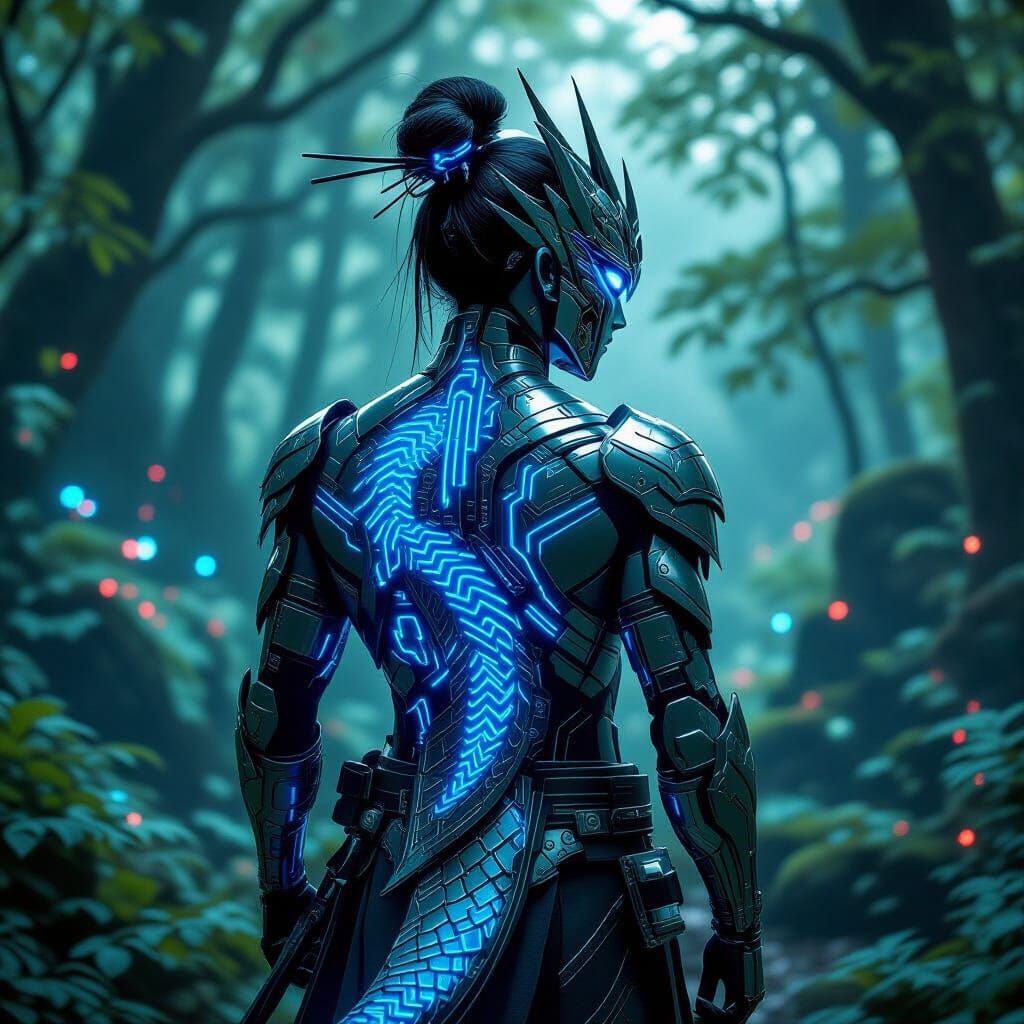 Cybernetic Warrior with Mechanical Dragon Tattoo in Forest