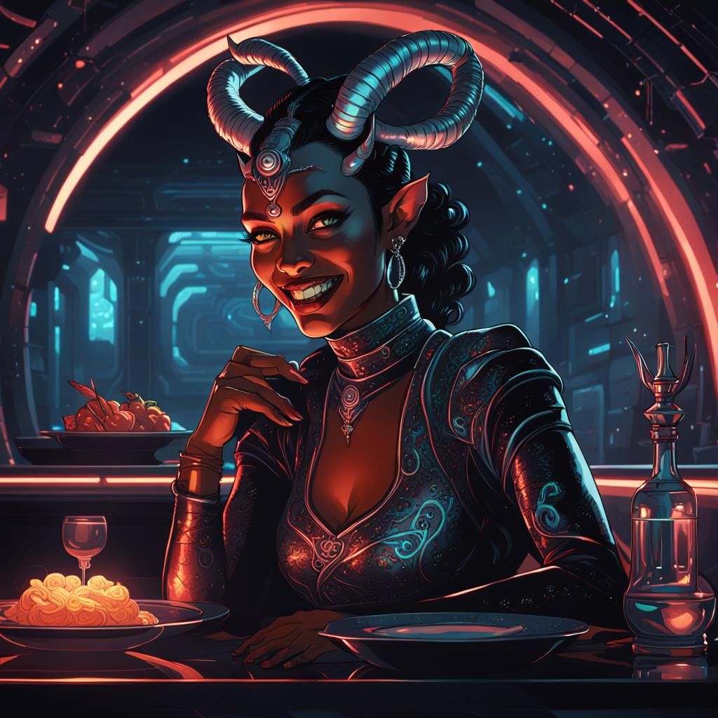 Tiefling Courtesan in Cyberpunk Portrait