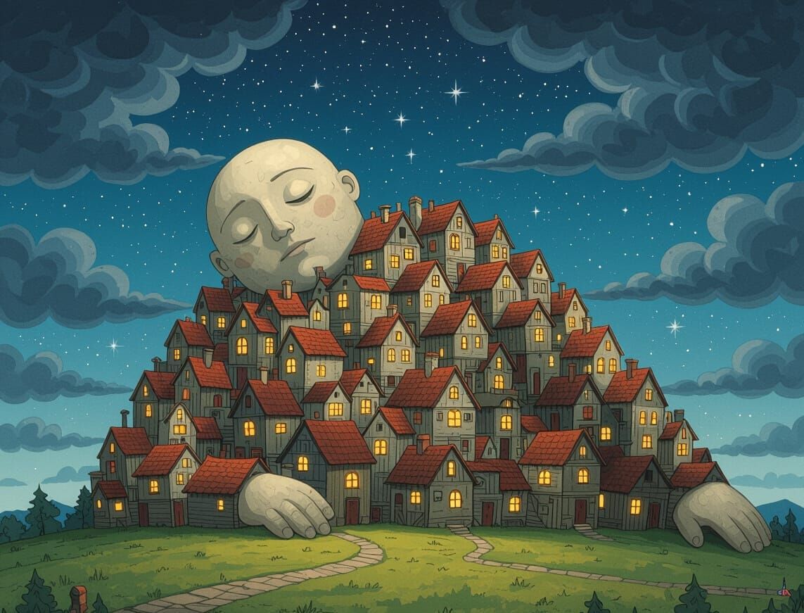 Giant House-Body Figure in Starry Night Sky