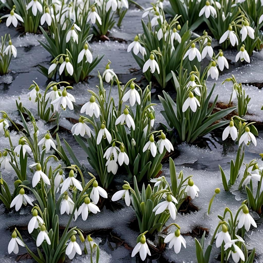Snowdrops Blooming Through Winter Ice and Snow