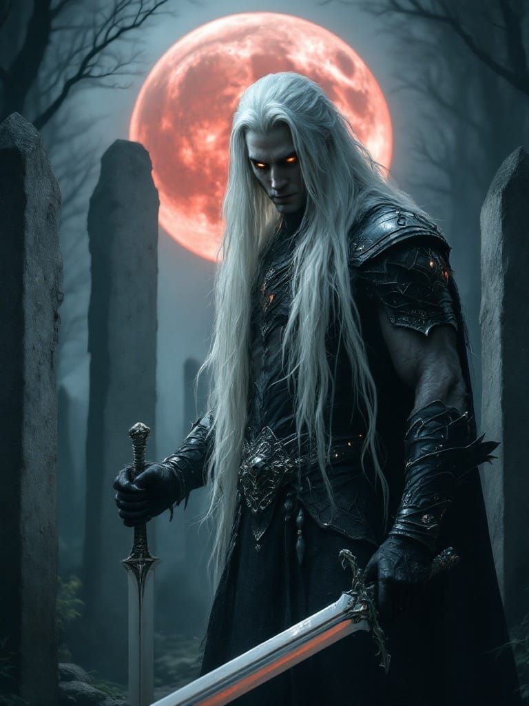 Elegant Vampire Hunter Stands Tall Under Blood Red Moon