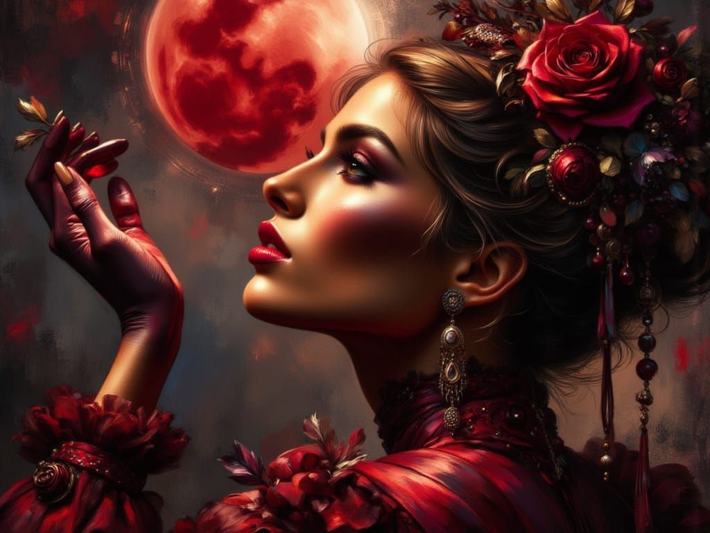 Spanish Woman Gazing at Blood Moon: Artstation Style