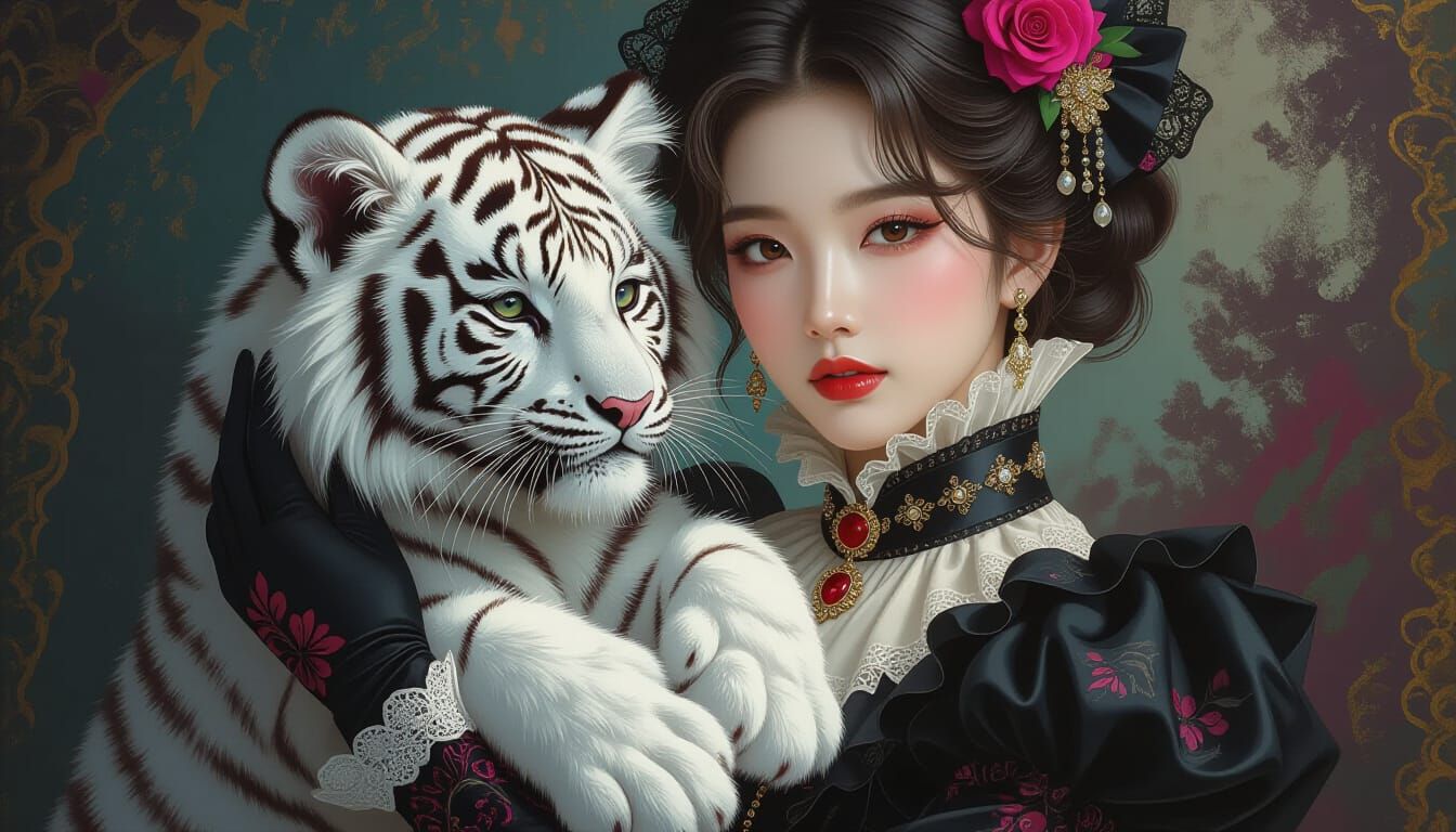 Gothic Victorian Supermodel with Baby Tiger