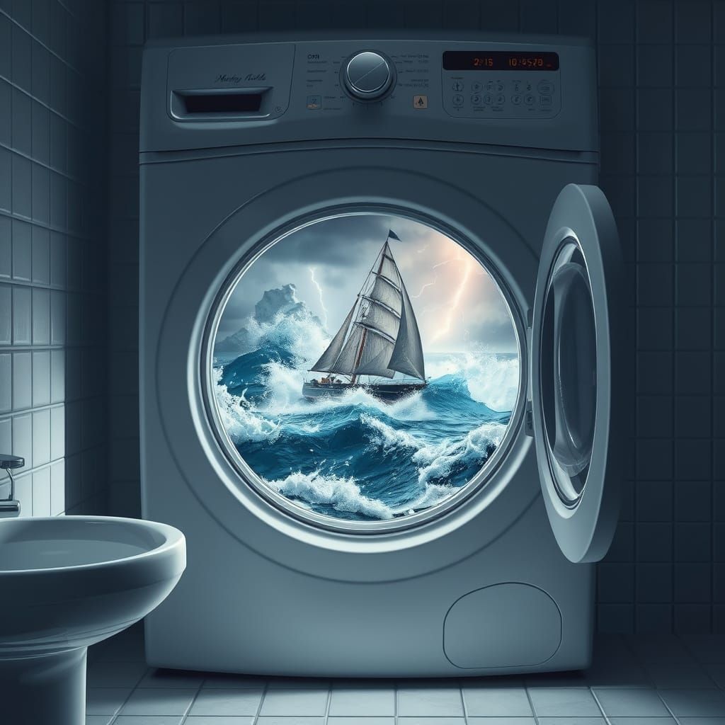 Surreal Stormy Ocean Scene Inside Washing Machine, in a Cine...