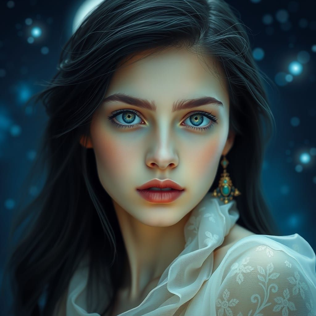 Ethereal Woman with Blue Eyes in Pre-Raphaelite Style