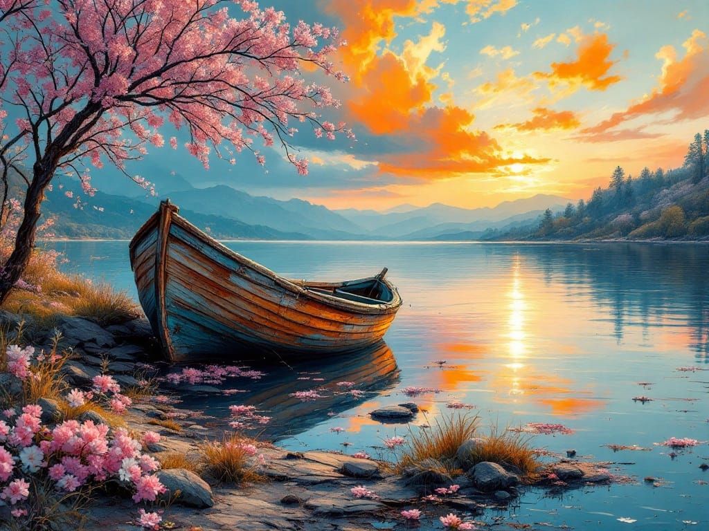 Weathered Boat on a Serene Lake