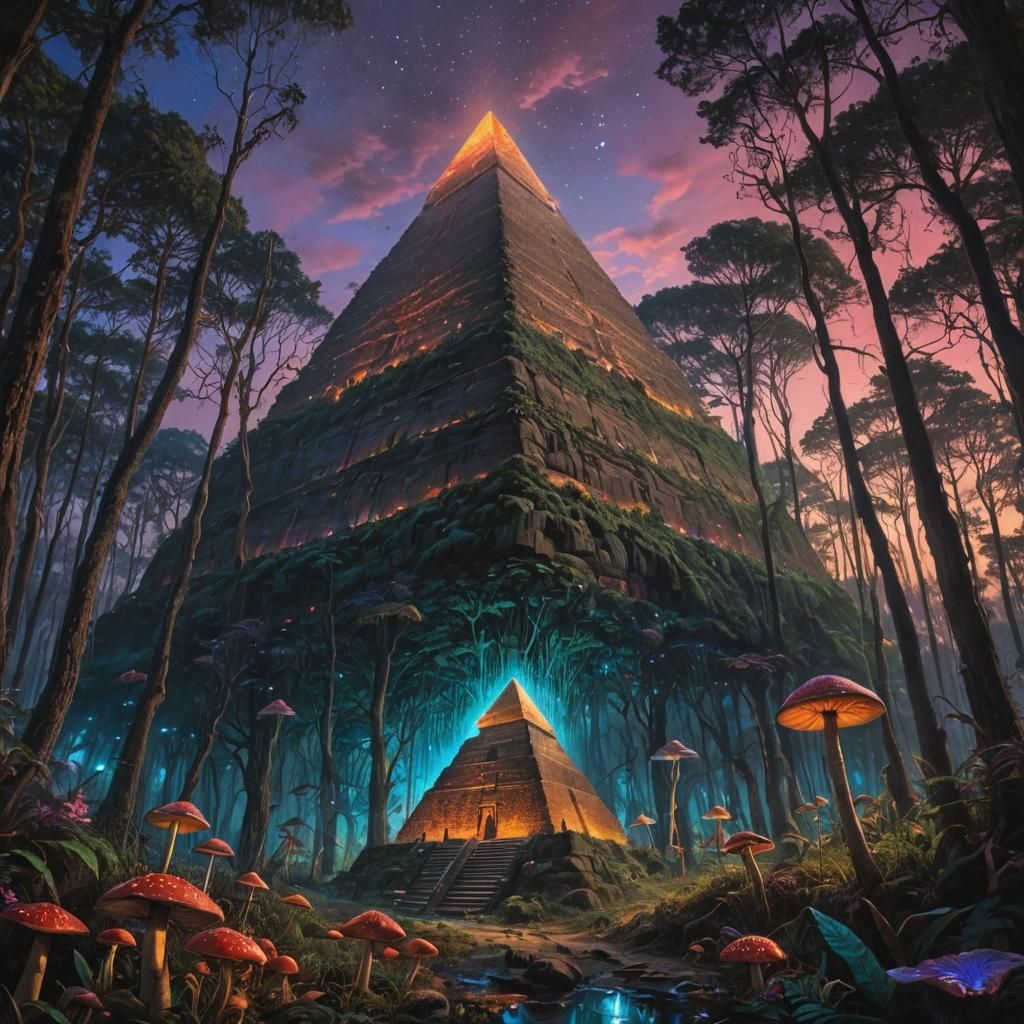 Pharaoh Pyramid in Bioluminescent Forest, Surreal Oil Painti...