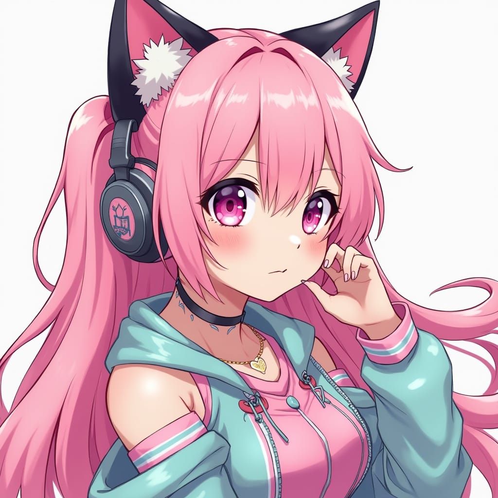 Anime Girl with Cat Ear Headphones in Pastel Colors