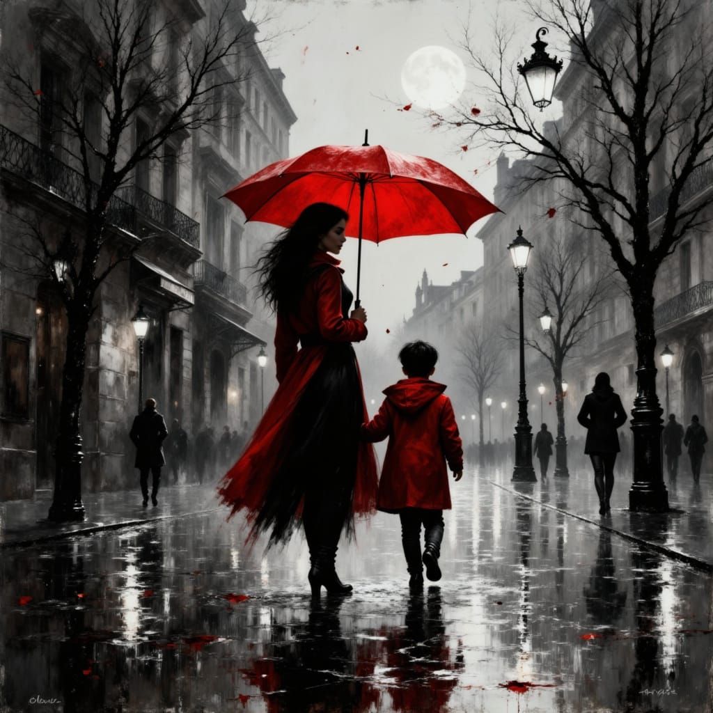 Mother and Son Under Red Umbrella in Rainy City