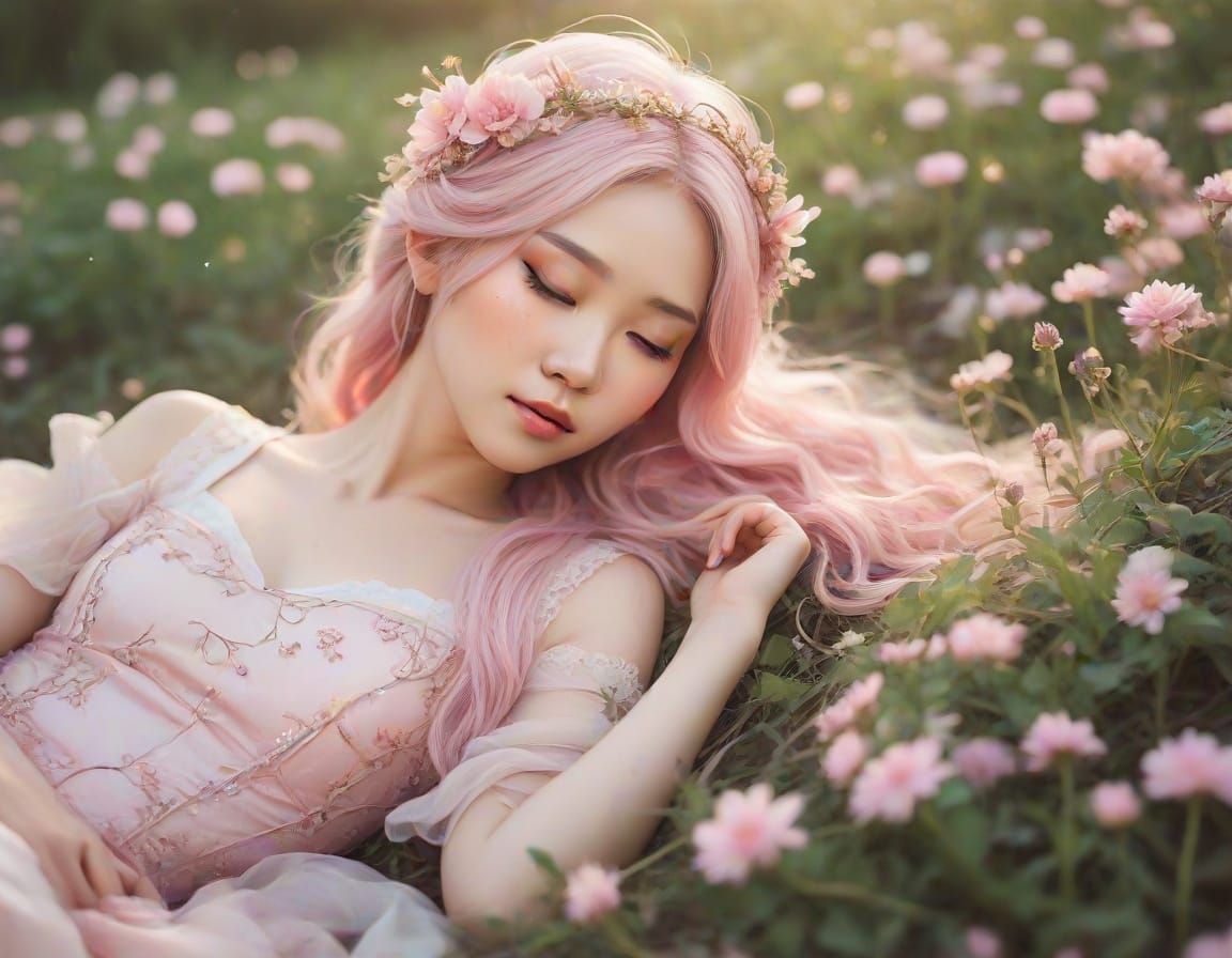 Asian Fairy in Flower Field, Delicate Watercolor Style