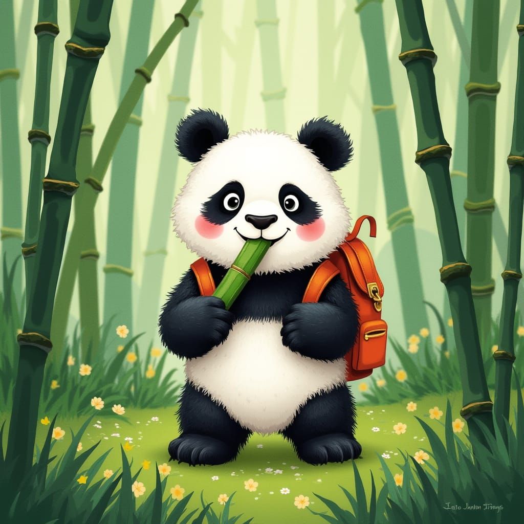 Panda Eating Bamboo in Playful Illustration Style