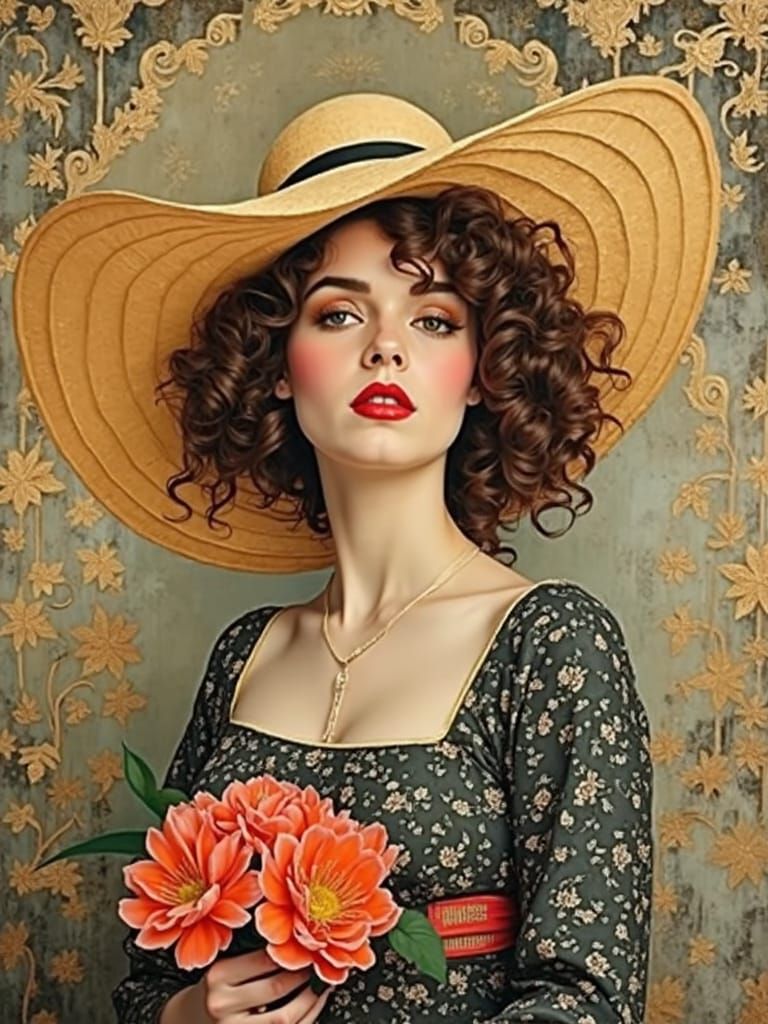 Stylish Woman with Swirling Hair in Geometric Collage