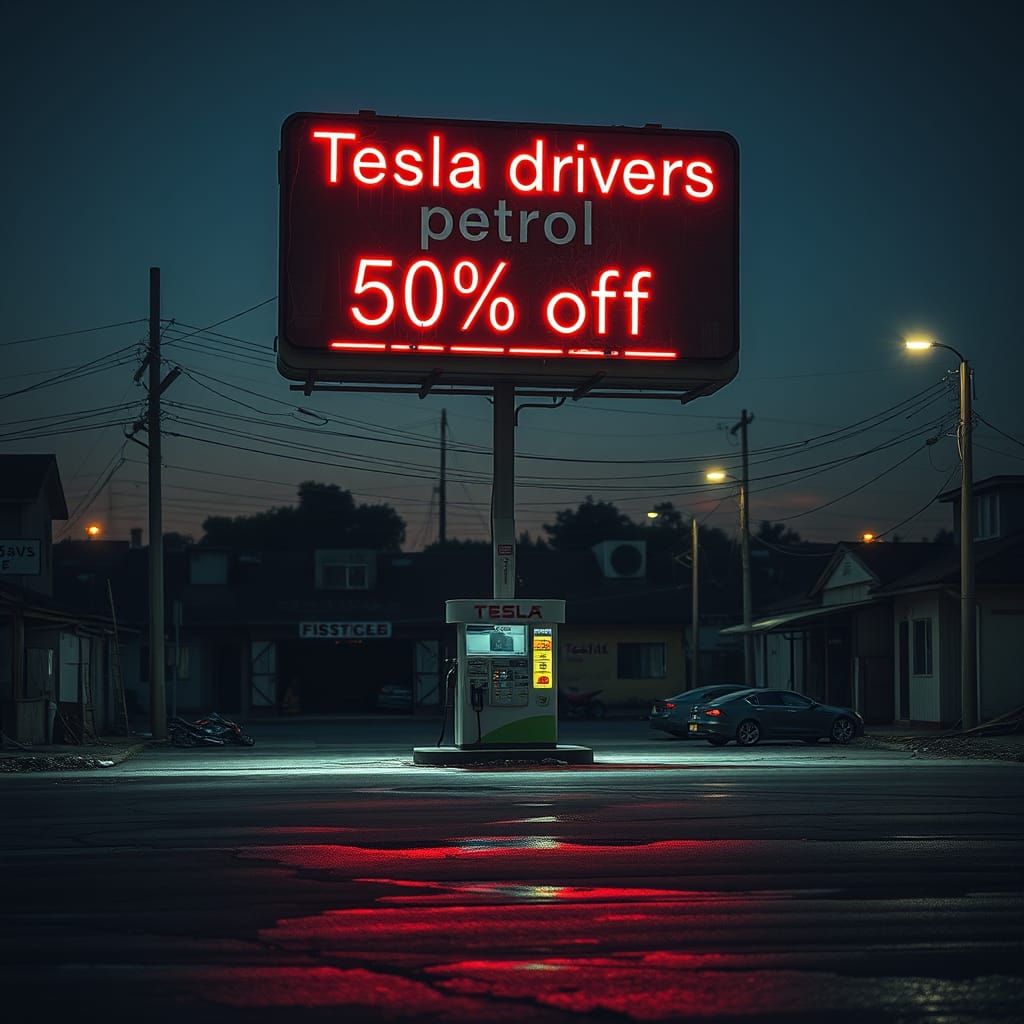Gritty Urban Landscape with Tesla Discount Billboard