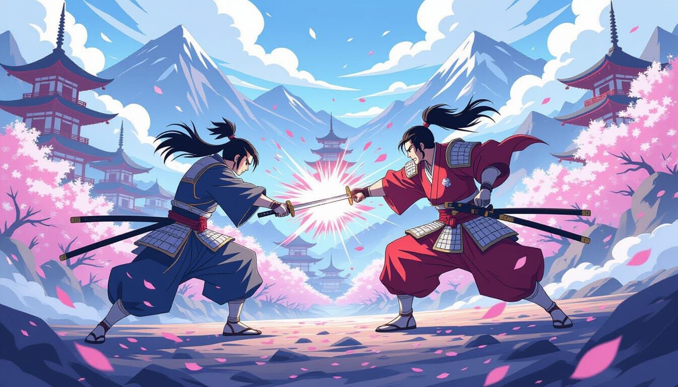 Anime Samurai Battle with Cherry Blossoms