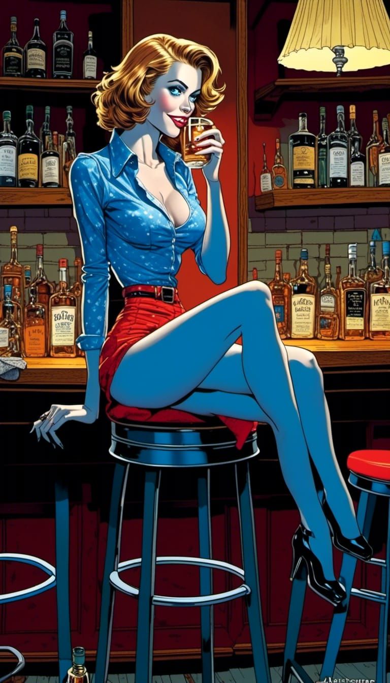 Woman at Bar with Whisky in Noir Style
