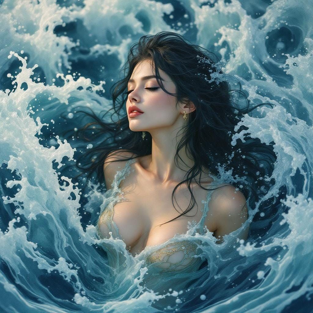 Serene Water Woman in Flowing Aquatic Gown
