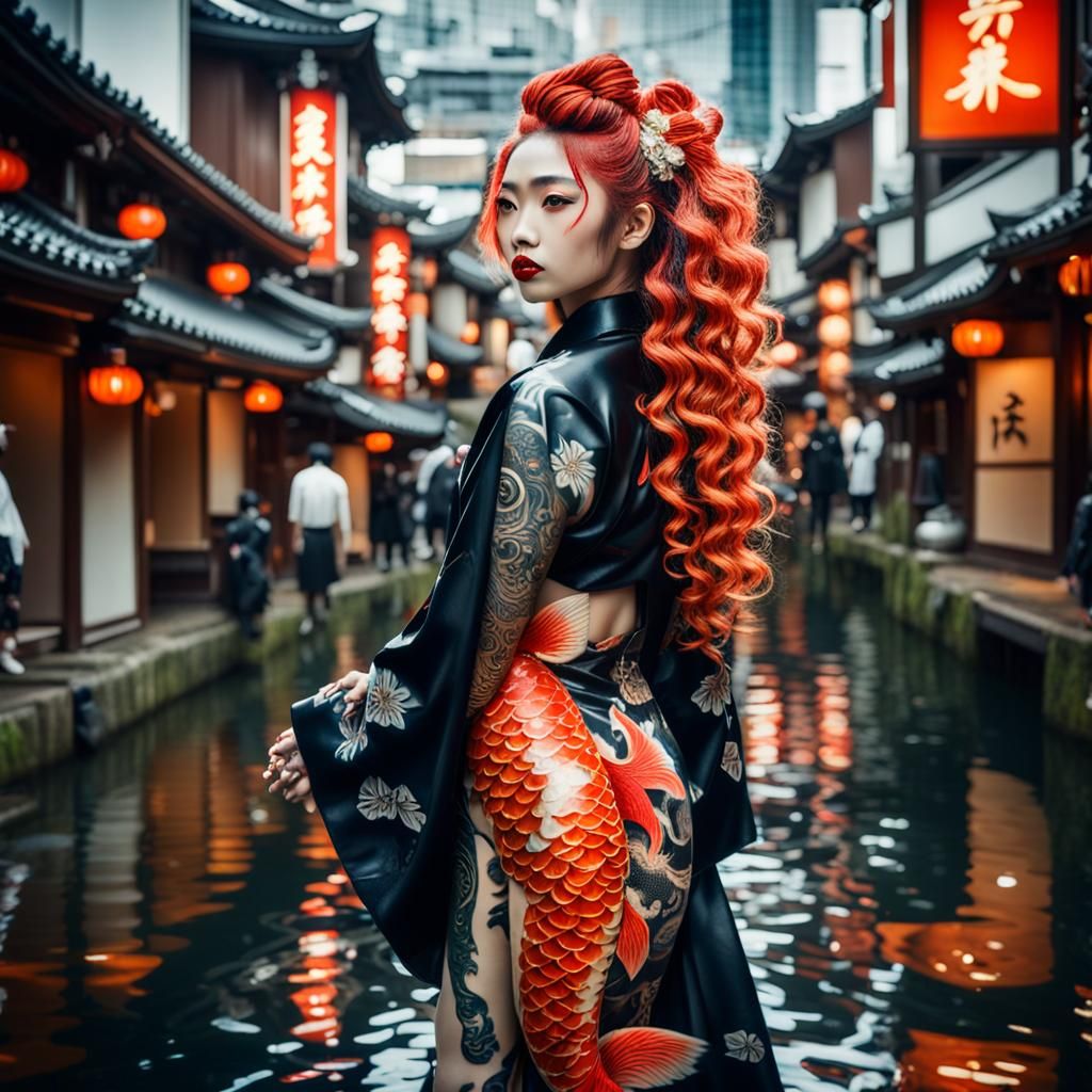 Oni Yōkai Woman in Hibiya Street with Koi Skin