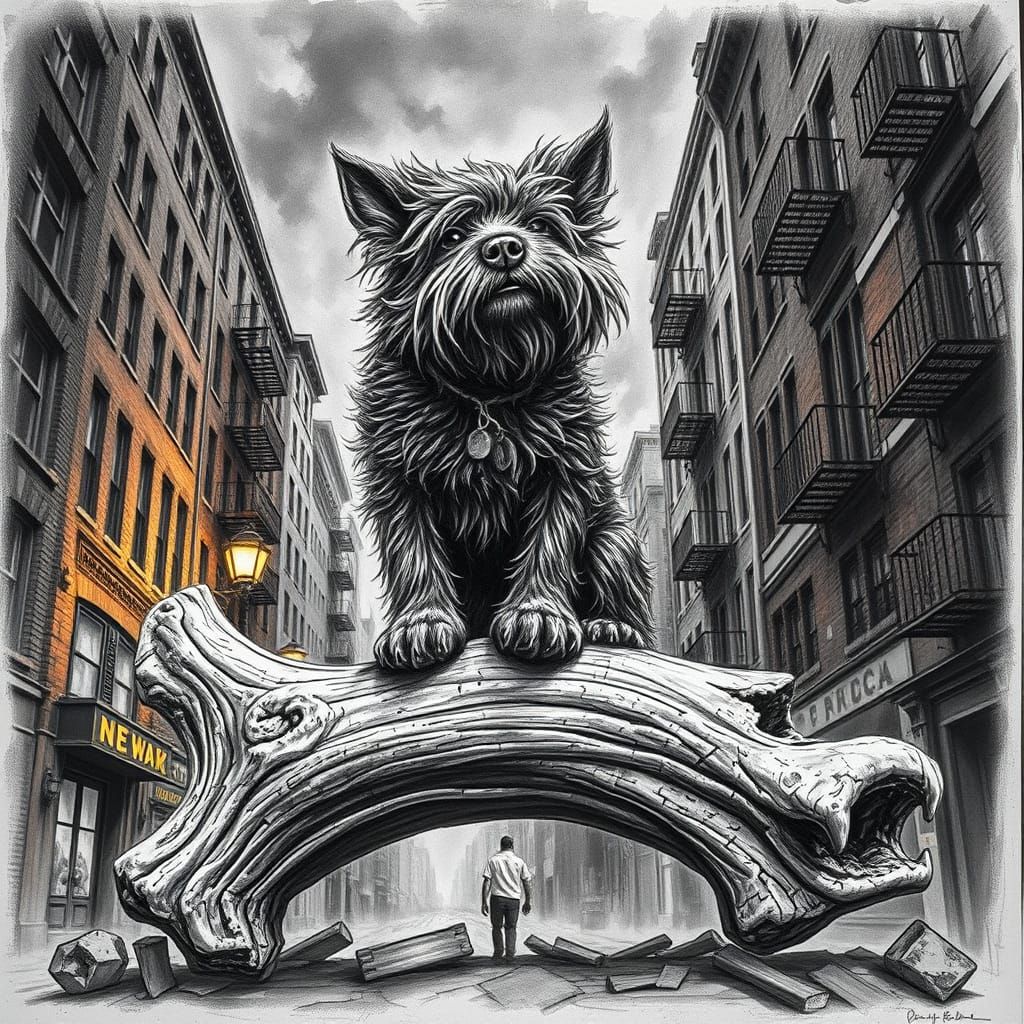 Vibrant Dog Sits atop Gnarled Bone in Gritty New Bark Citysc...