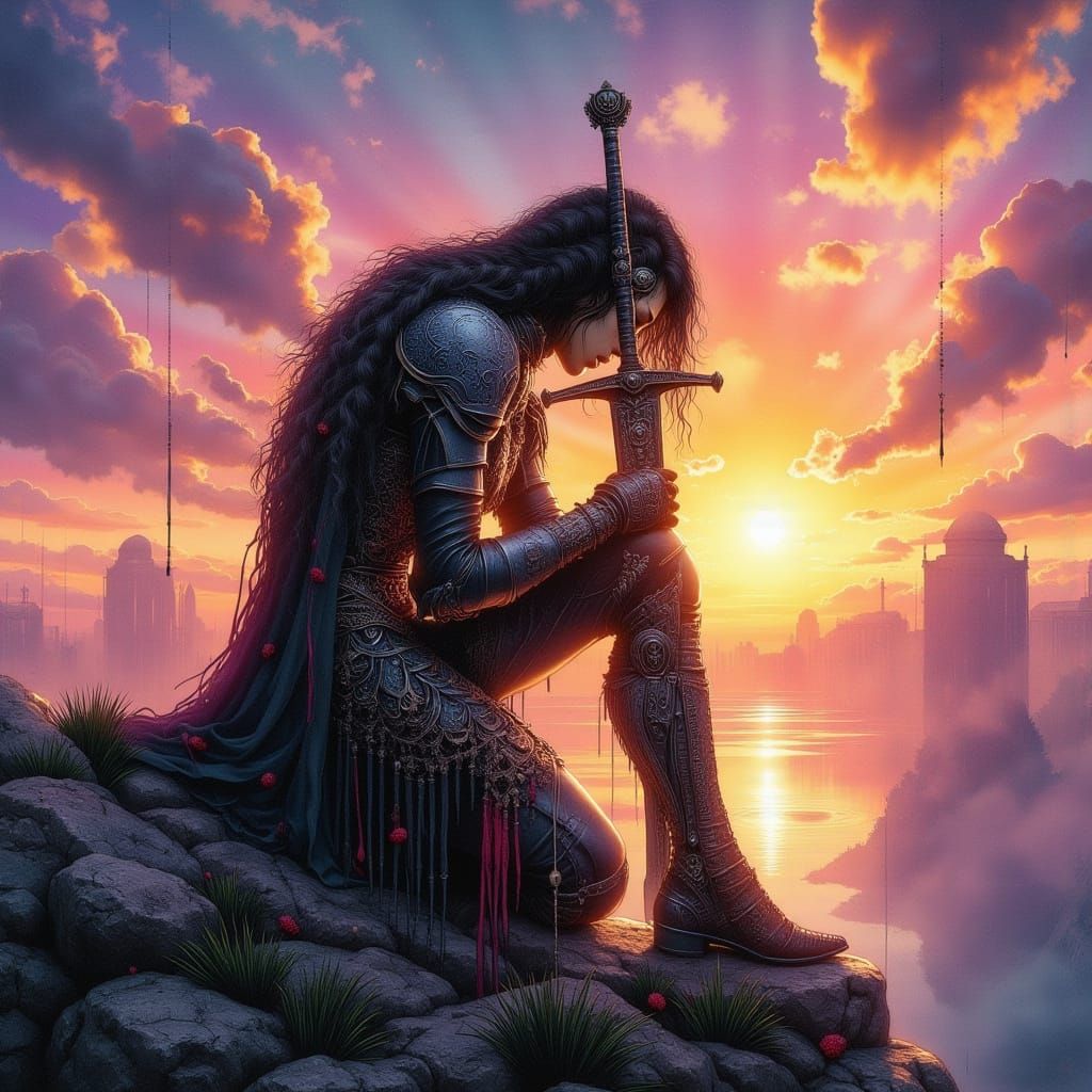 A beautiful female warrior kneeling down, head down, excaust...