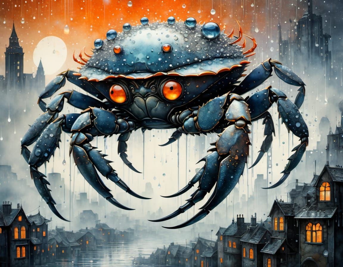 Intricate Crab City Watercolor Poster Art