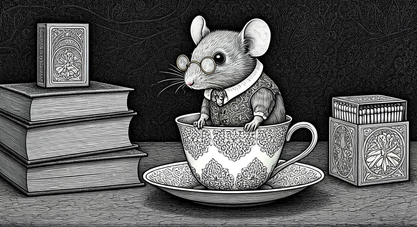 Whimsical Mouse in Beardsley-Inspired Folk Art Wonderland