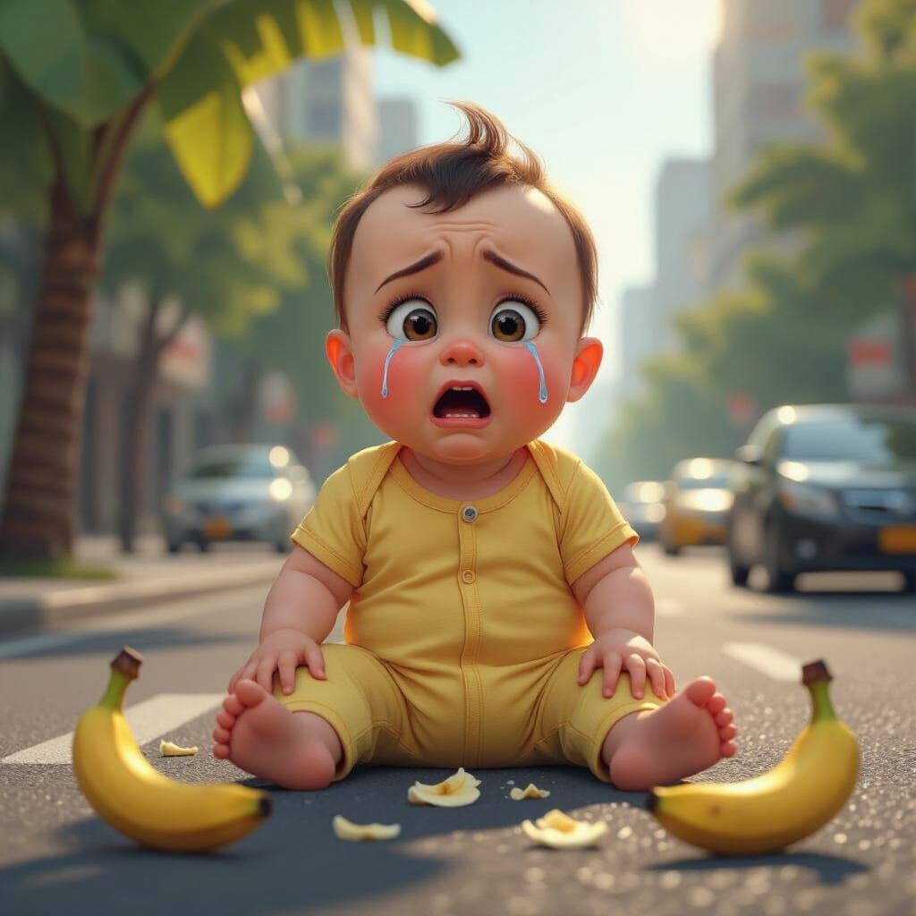 Giant Crying Baby on City Road, Pixar-style