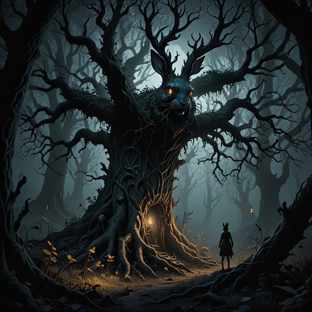 Gothic Fantasy Forest at Twilight with Glowing Flora